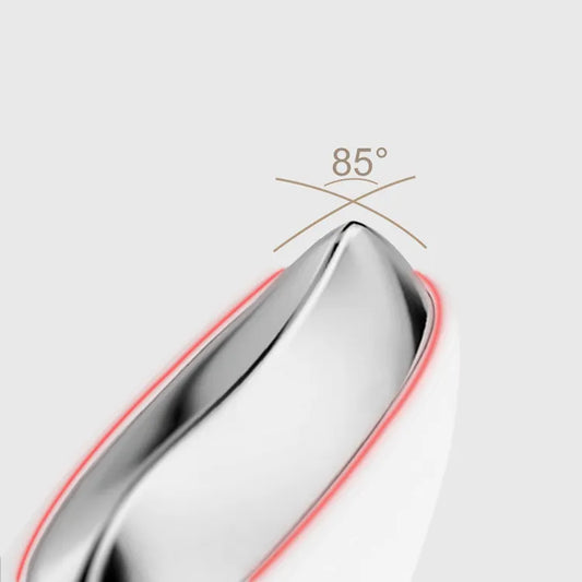 Metallic object with a 85-degree angle measurement on a light gray background